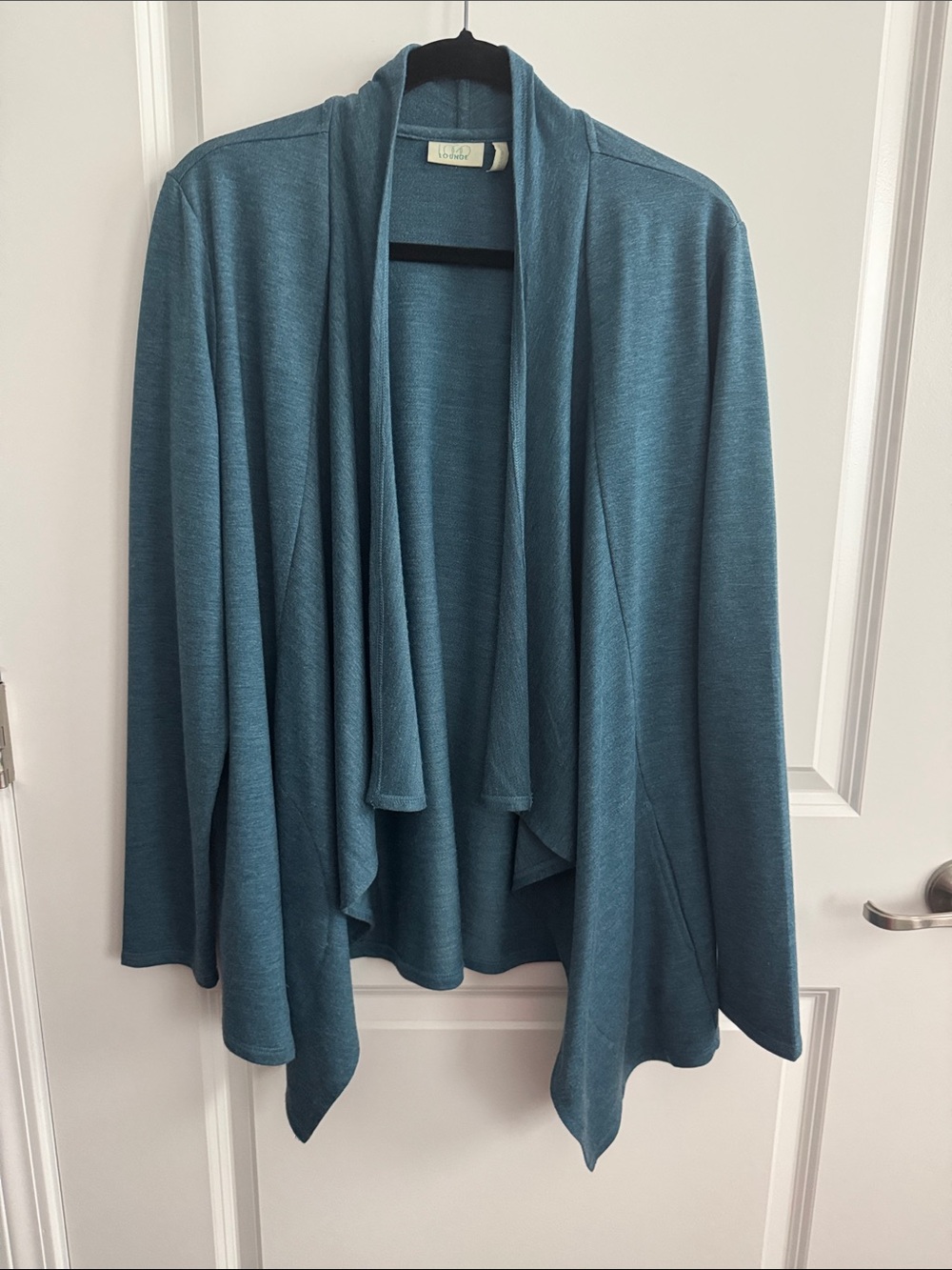 LOGO by Lori Goldstein French terry cardigan with open drape front. Pockets. L.